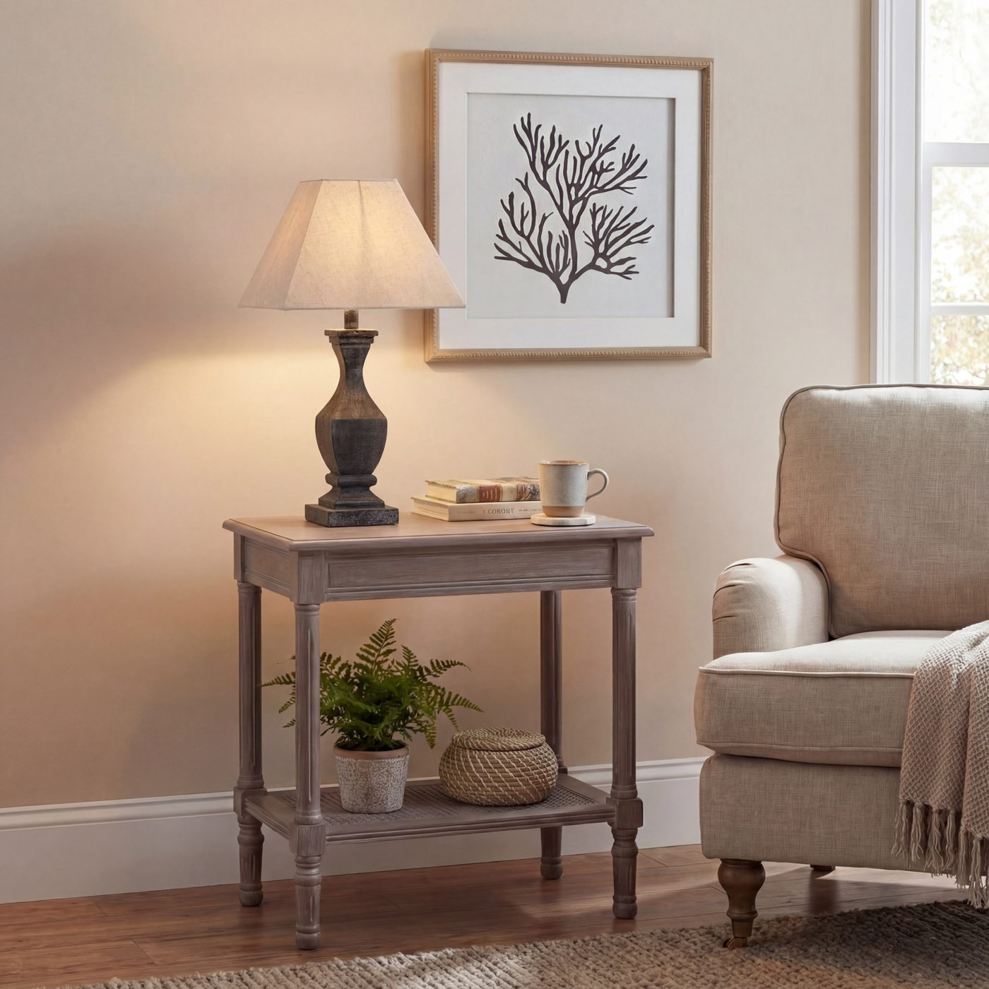 Incia Fluted Wood Table Lamp — Grey-washed wood · Linen shade