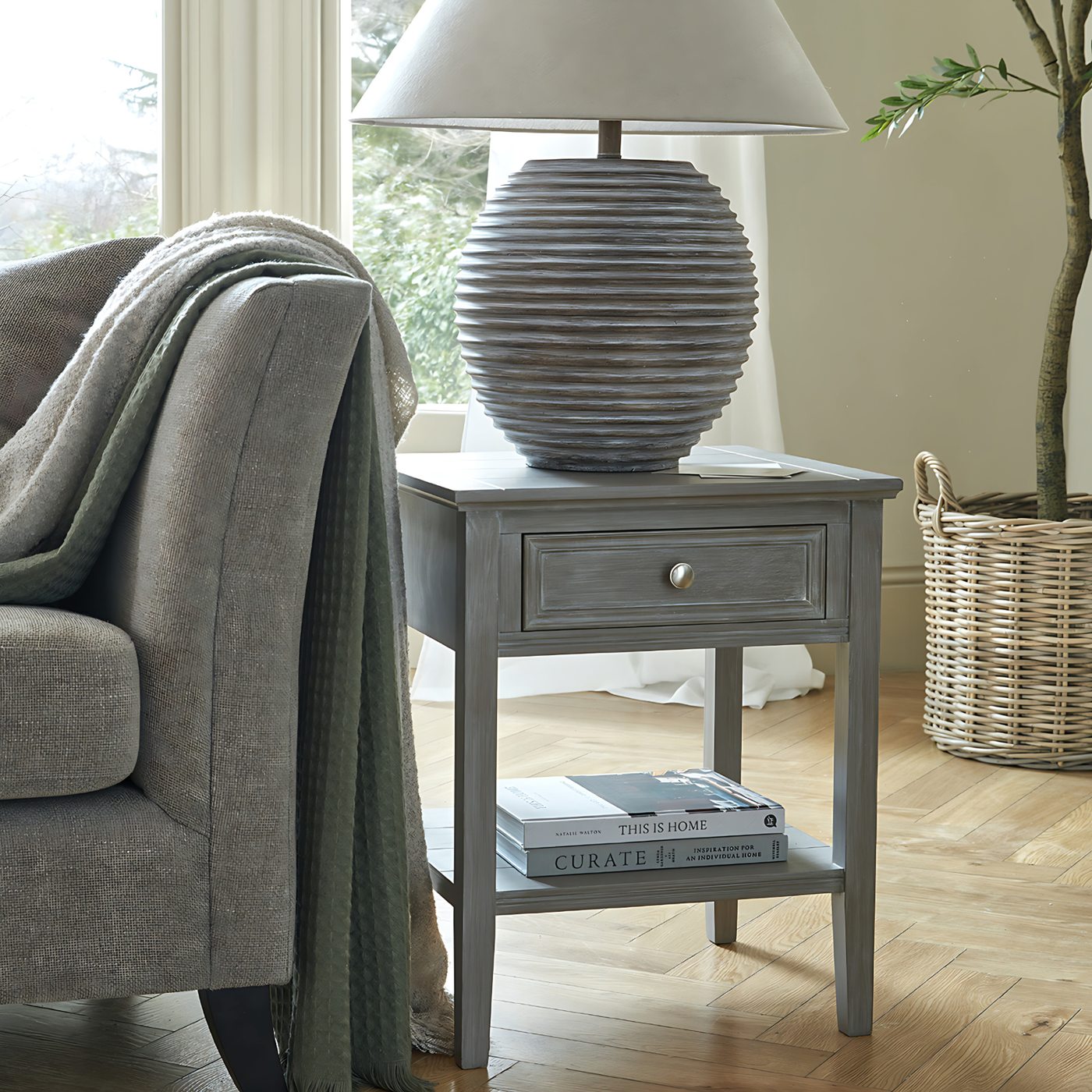Sora Drawer Side Table — Grey wash · Wood