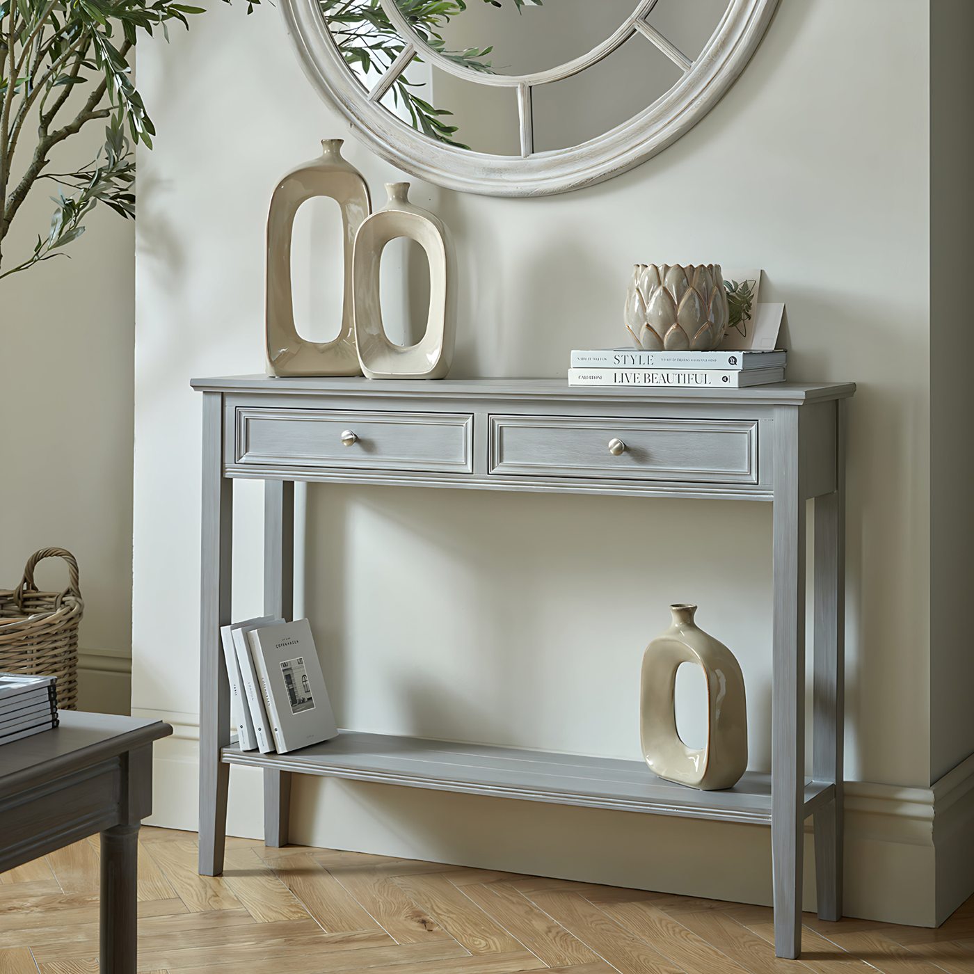Sora Two-Drawer Console — Grey wash · Wood