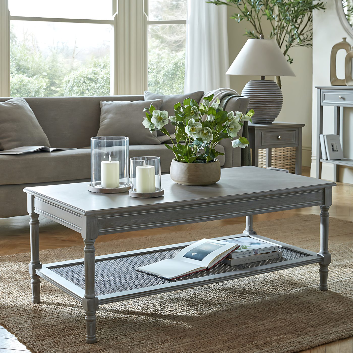 Sora Rattan Coffee Table — Grey wash · Rattan & wood