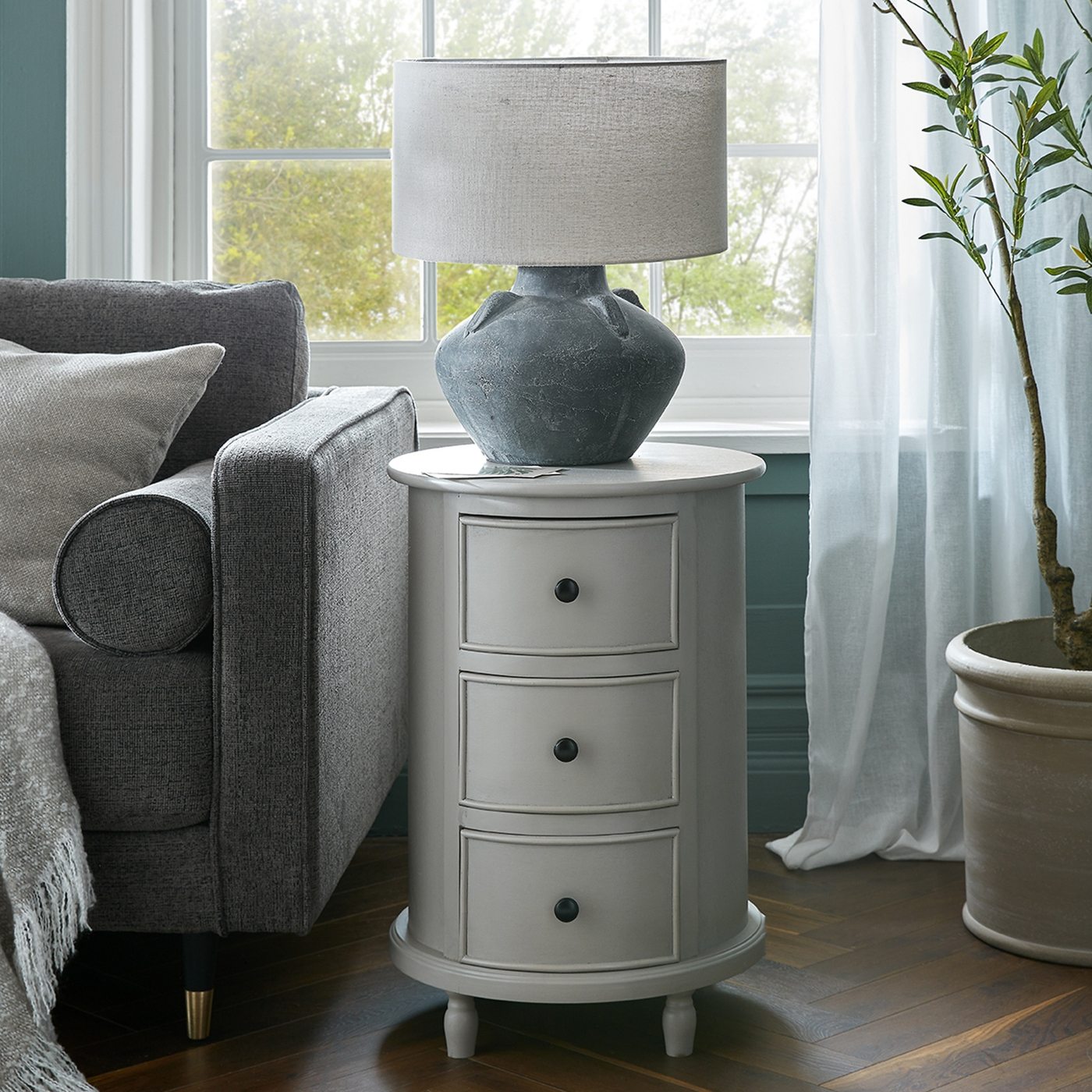 Marlow Three-Drawer Round Side Table — Grey wash · Wood