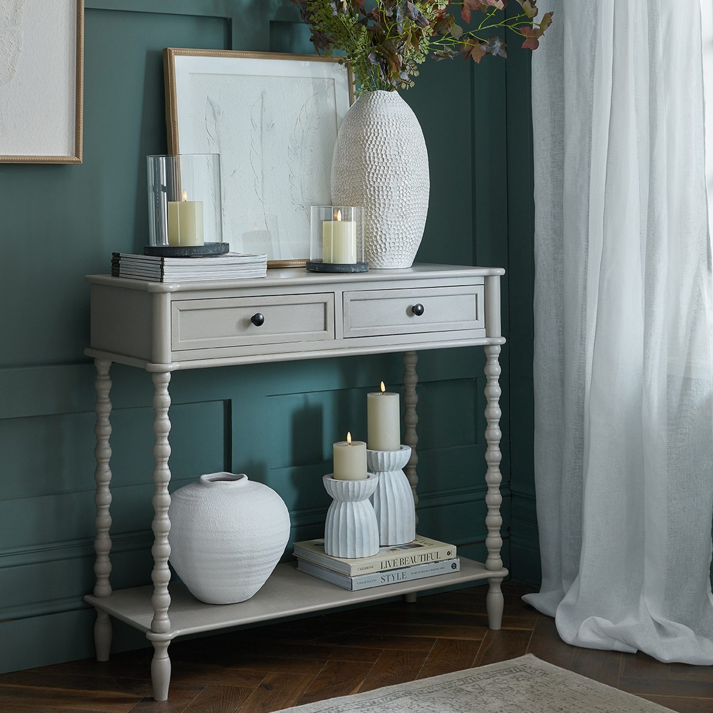 Marlow Two-Drawer Console — Grey wash · Wood