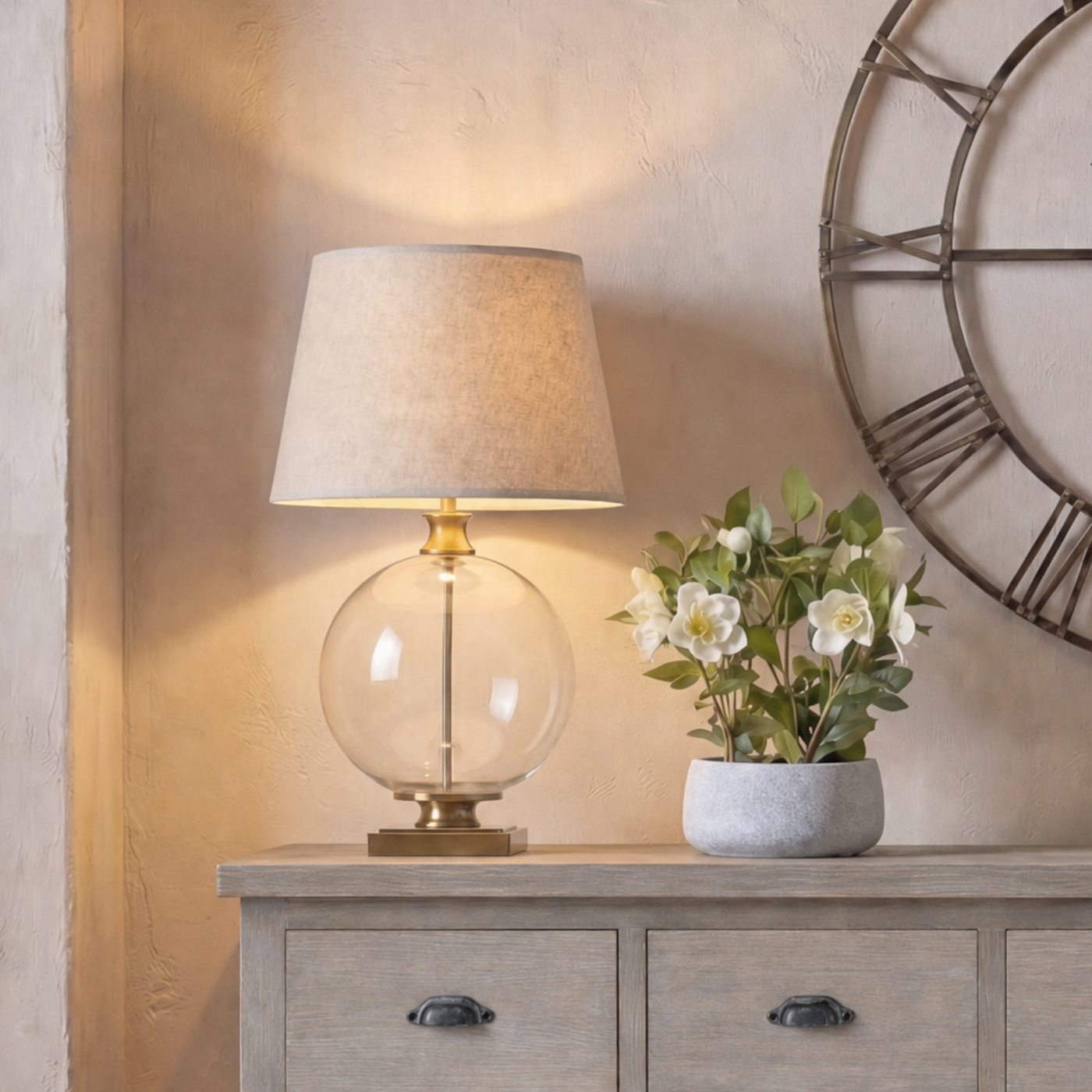 Lunel Glass Orb Table Lamp — Clear glass · Brass tones & linen