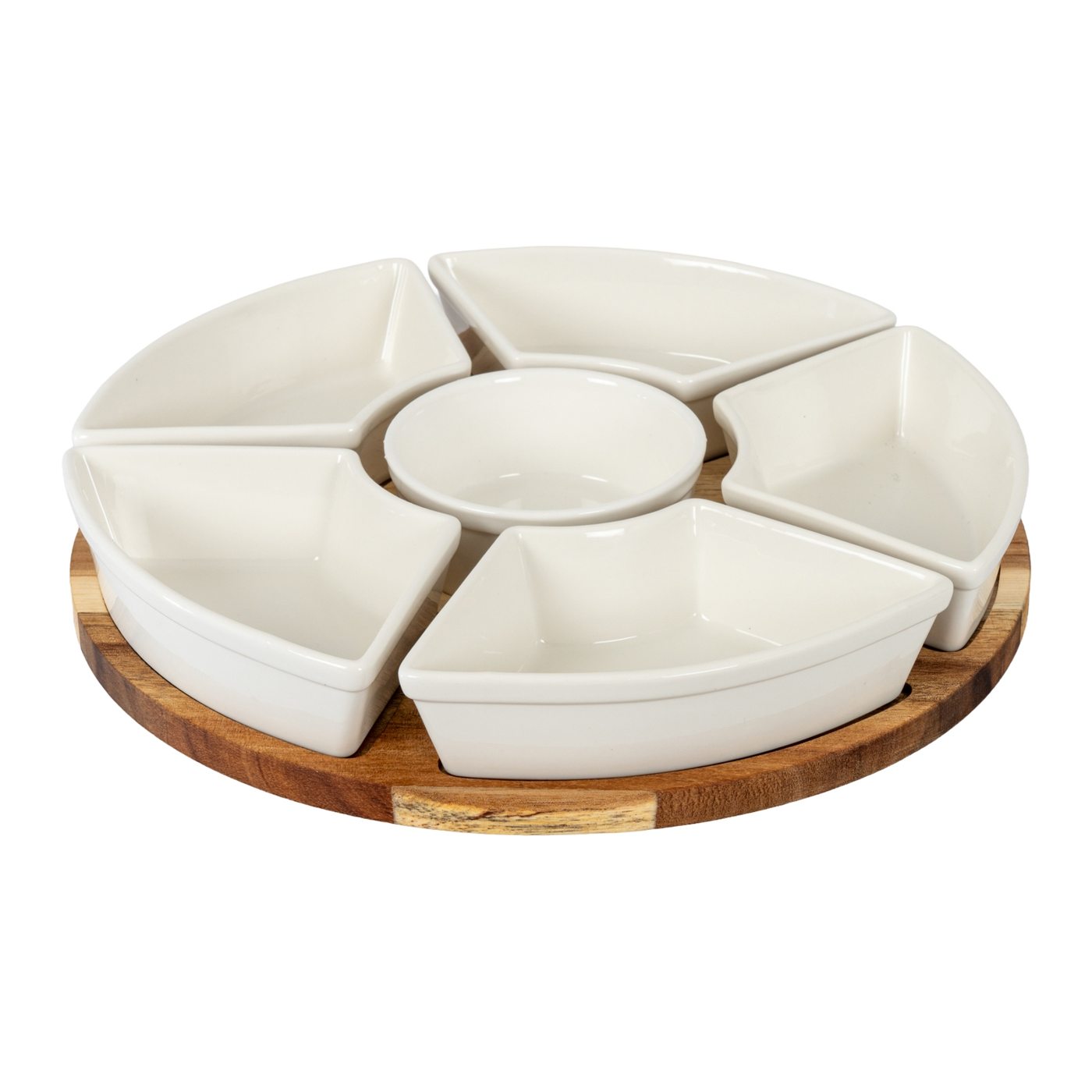 Gather Acacia Lazy Susan — Acacia wood · White ceramic bowls