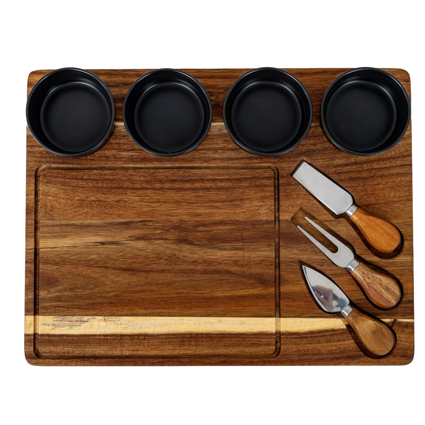 Supper Grey Bowl Cheese Board — Acacia wood · Grey ceramic bowls