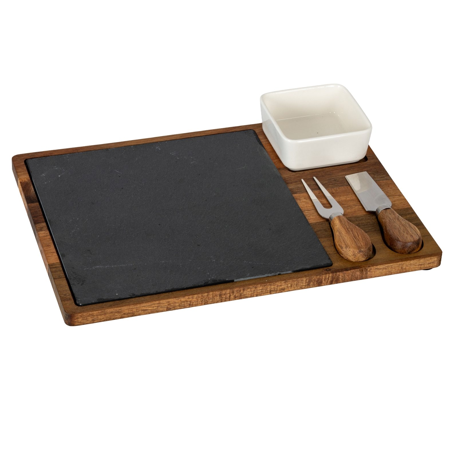 Acacia serving board with bowl, slate and cutlery